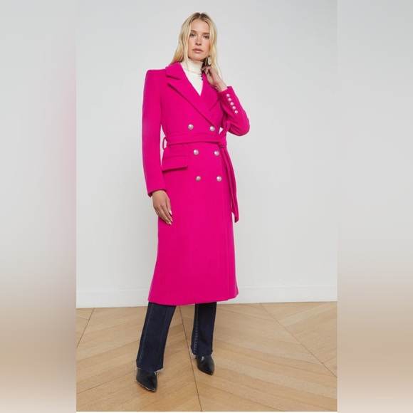 L'AGENCE Olina Pink Wool-Blend Belted Long Trench Pea Coat